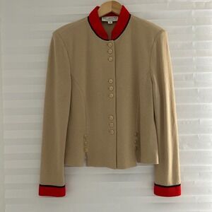 VTG St John Collection Marie Gray Knit Blazer Tan Red Trim Gold Button Jacket 14